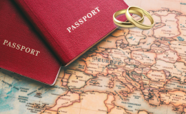 Passports and rings placed over a map of Europe
