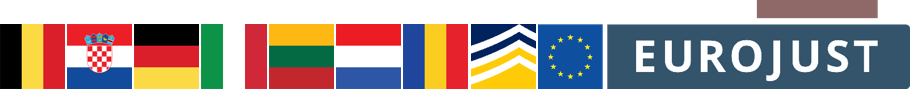 flags of belgium, croatia, germany, italy, lithuania, netherlands, romania, logos of europol and eurojust