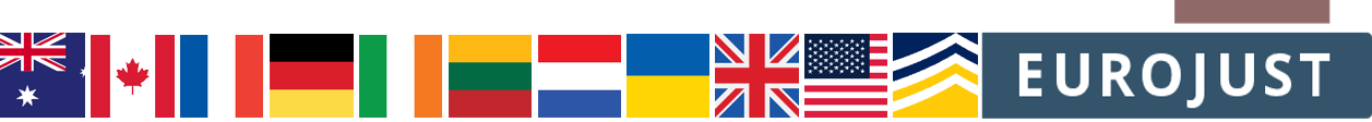 logo of eurojust, flags of australia canada france germany ireland lithuania netherlands ukraine uk usa and europol logo